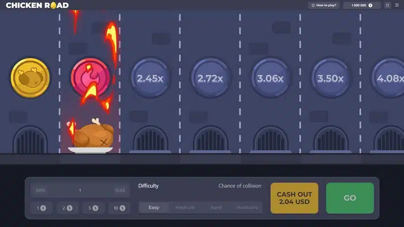 Escena del juego Chicken Road que muestra al pollo quemado por el fuego después de un paso fallido.