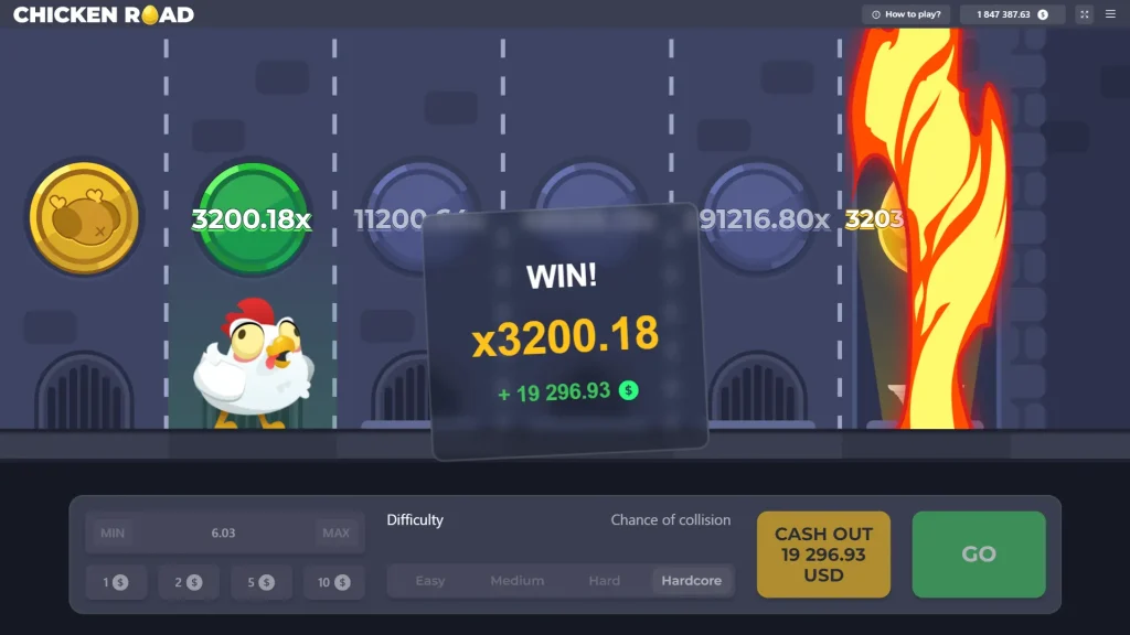 Pantalla de victoria de Chicken Road que muestra una ganancia con un multiplicador de 3200,18x y un premio en efectivo.