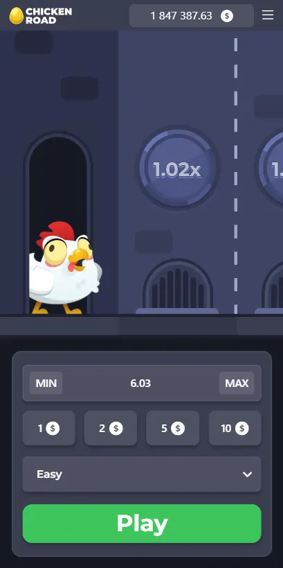 Pantalla de inicio del juego Chicken Road con el pollo listo para comenzar con un multiplicador de 1.02x.